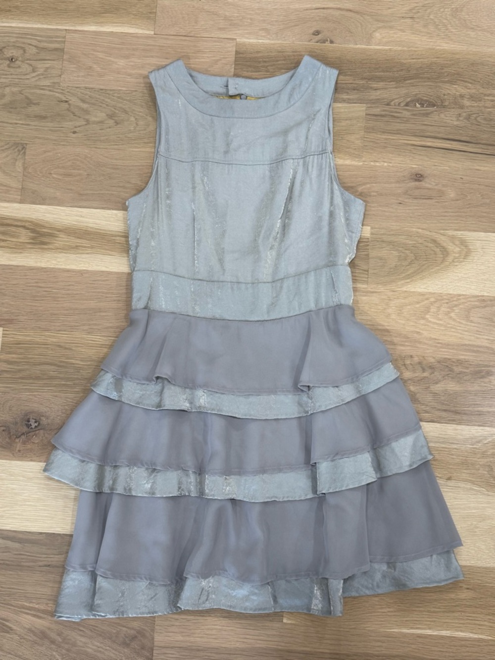 Anthropologie Tulle Silver Tiered Cocktail Dress Size Medium